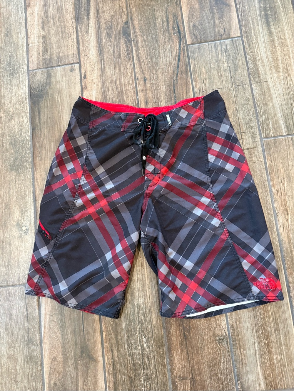 The North Face Men's Red, Black & Gray Plaid Swim Board Shorts